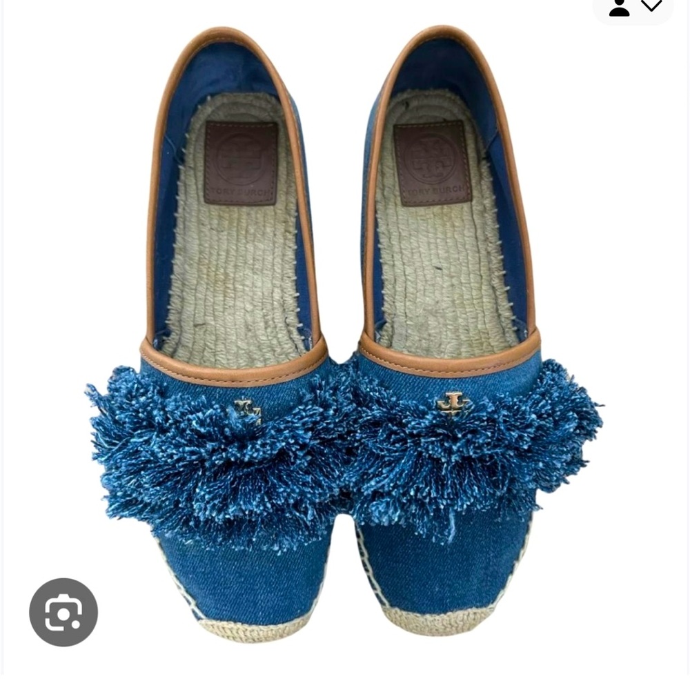Tory Burch denim espadrilles with brown leather trim. Size 9 1/2.
